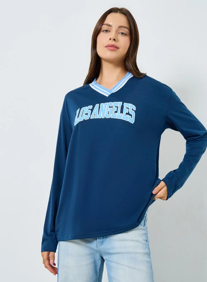 Styli Navy Blue Graphic Print Oversized T-Shirt