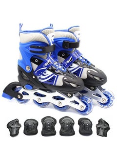 EASY FUTURE Inline Skates Adjustable Size Roller Skates with Flashing Wheels Children Skate Shoes Including Protective Gear (Knee Elbow Wrist) Blue Colour  - Image 1