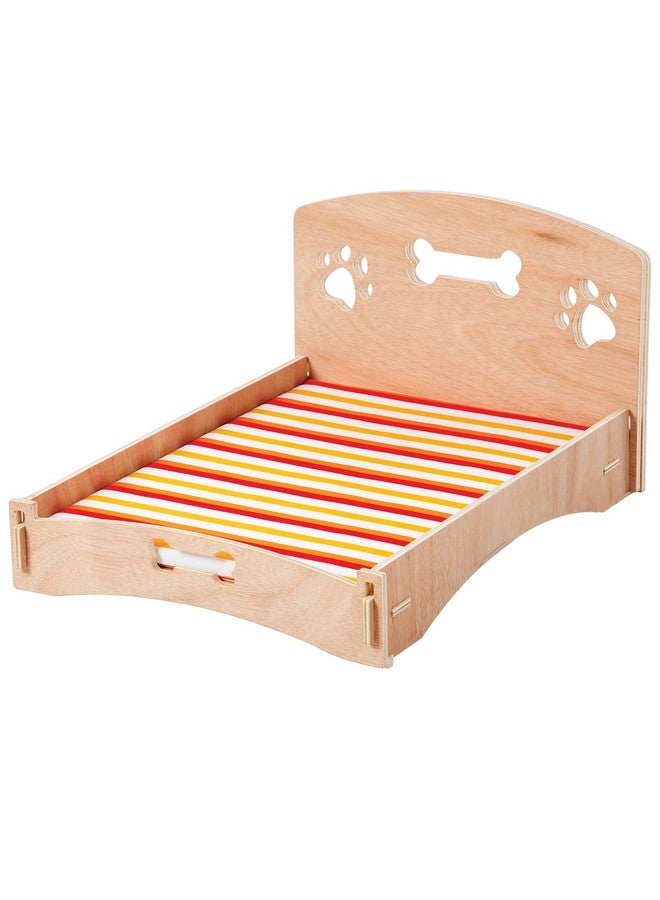 Etna Products Wooden Dog Bed Bone and Footprint Design with Removable Stripe Cushion, Small Pet Bed for Indoor/Outdoor Use 22" L x 16" W x 12" H - Image 1