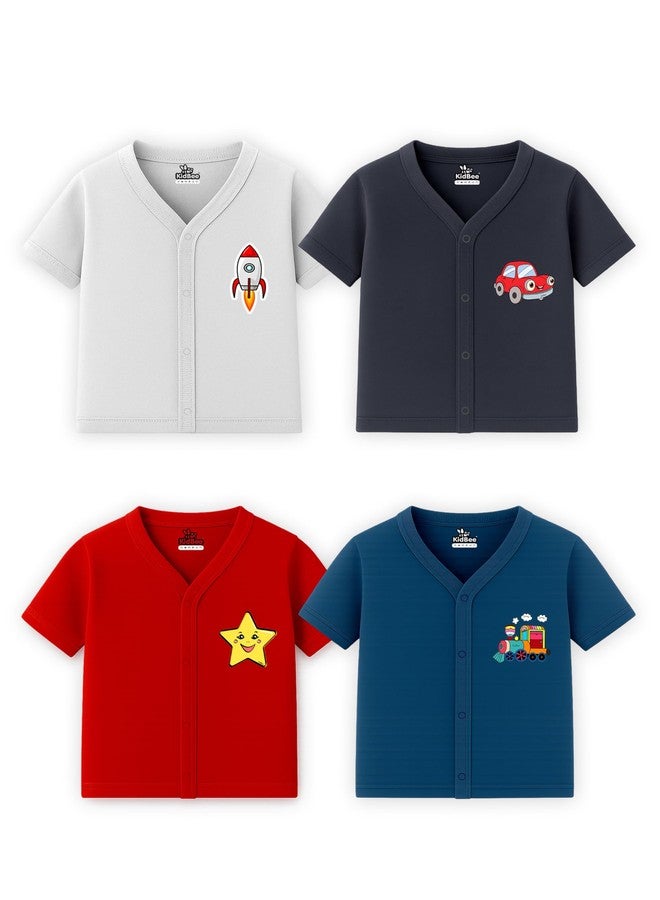 Kidbee Baby Soft Cotton Half Sleeve Front Open Jabla Top - Pack of 4 | V-Neck Button Style with Cute Printed Chest Graphics (in, Age, 12 Months, 18 Months, Regular, PL-JHS-Multi-4pc) - Image 1