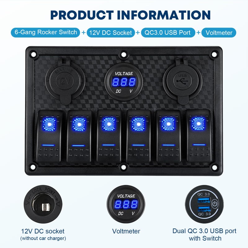 Kohree 6 Gang Marine Boat Rocker Switch Panel Waterproof + USB Switch, 12 Volt RV Led Switch Panel for Marine Boat Car Truck, Digital Voltmeter Display QC3.0 Dual USB Charger Port DC 12V Socket 12/24V - Image 3