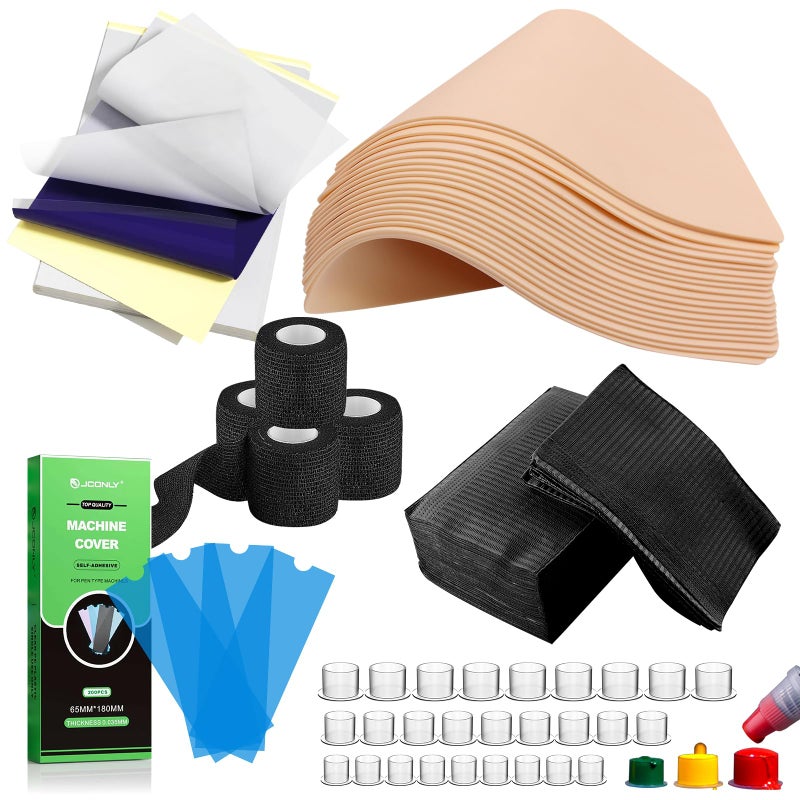 Jconly Professional Tattoo Practice Kit for Beginners, 614Pcs Realistic Training Set with 10 Fake Skin, 50 Transfer Paper, 200 Machine Covers,4 Grip Tape,50 Dental Bibs & 300 Ink Caps Tattoo Supplies - Image 1