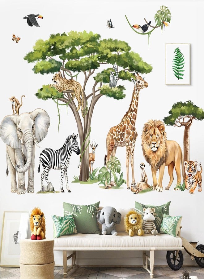 decalmile Large Safari Animals Tree Wall Stickers Jungle Animals Giraffe Elephant Lion Leopard Wall Decals Baby Nursery Kids Room Wall Decor(XXL) - Image 2