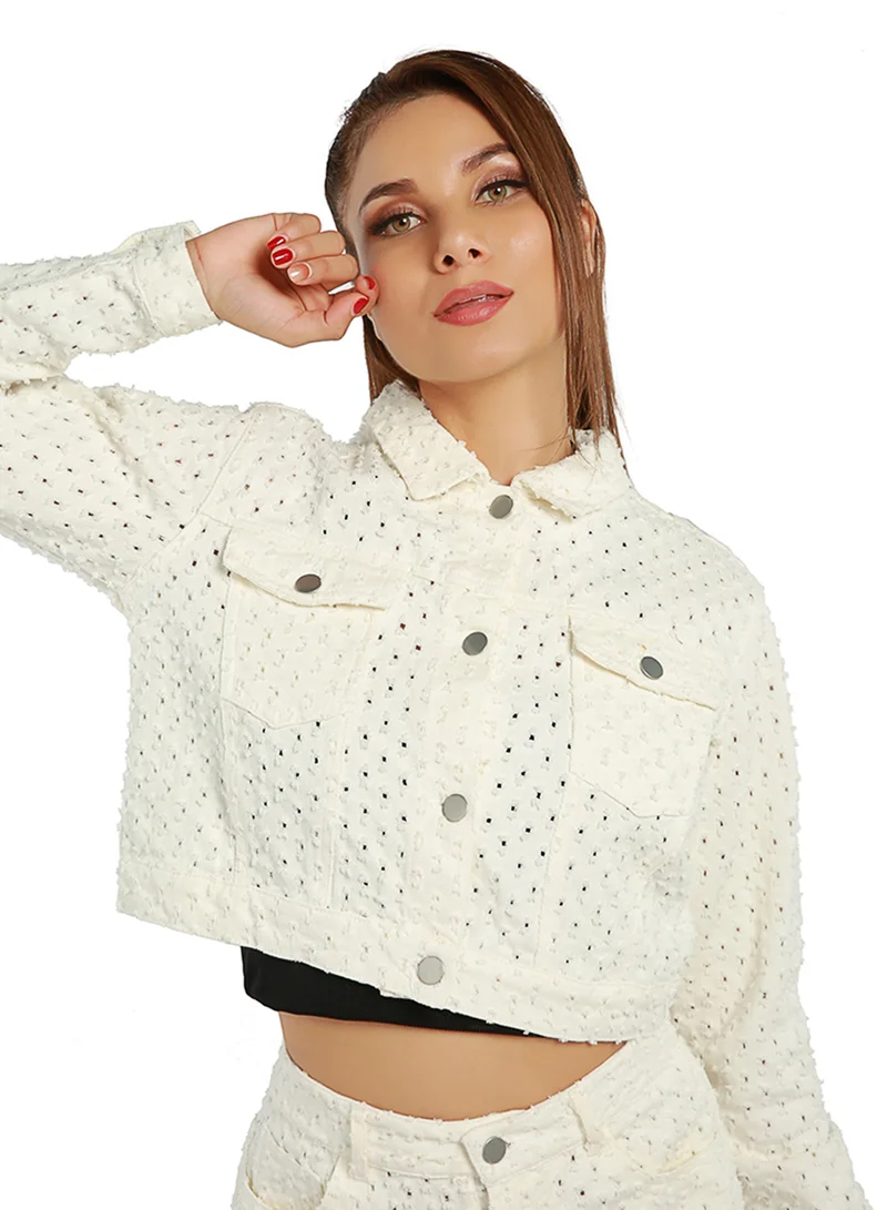 London Rag Solid Textured White Textured Dobby Crop Jacket