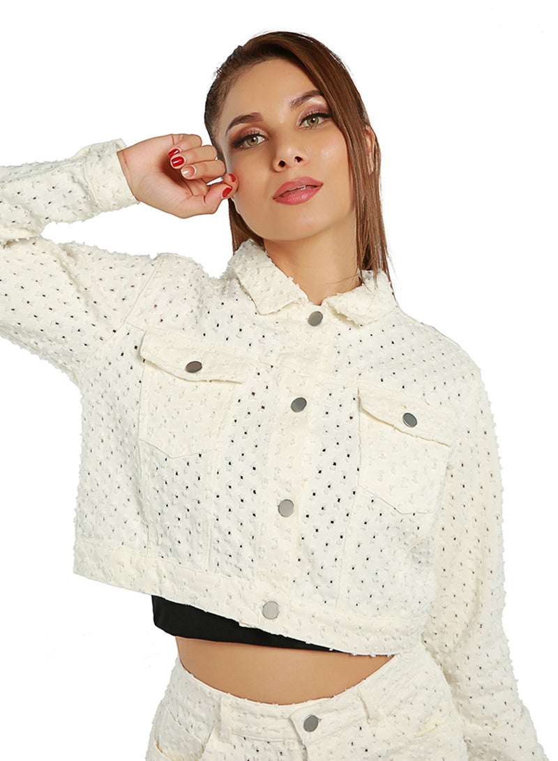 لندن راج جاكيت قصير من قماش دوبي أبيض سادة الملمس - Image 1