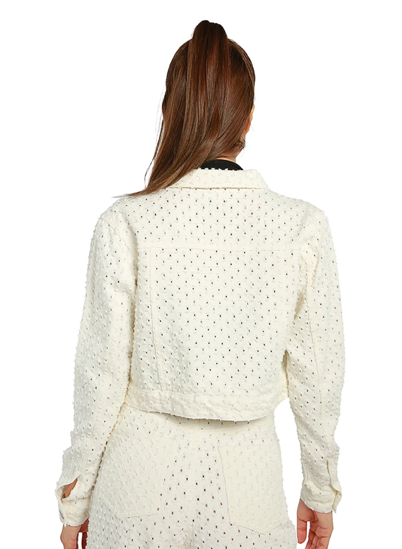 London Rag Solid Textured White Textured Dobby Crop Jacket