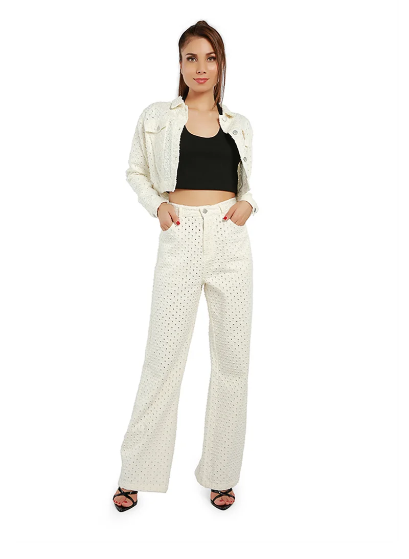 London Rag Solid Textured White Textured Dobby Crop Jacket
