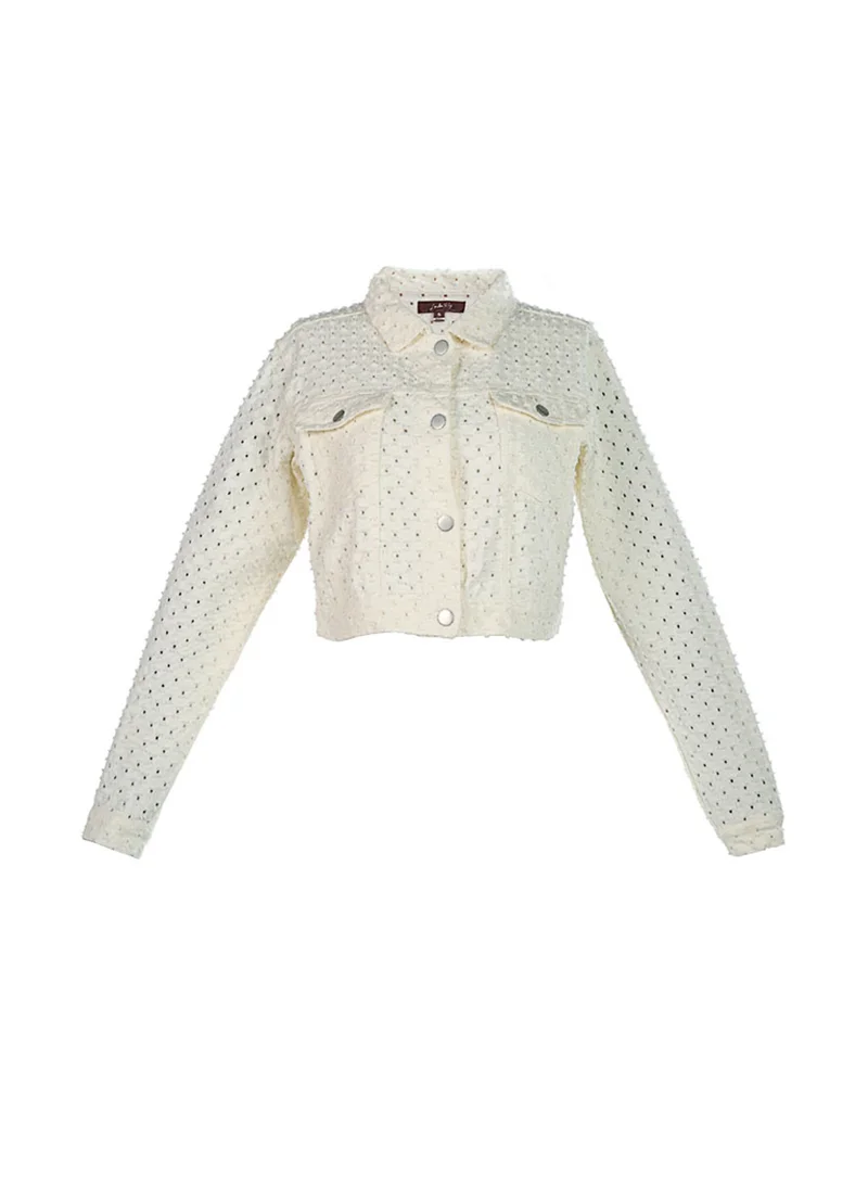 London Rag Solid Textured White Textured Dobby Crop Jacket