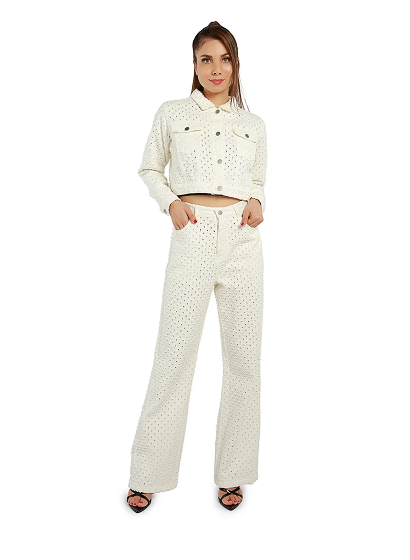 London Rag Solid Textured White Textured Dobby Crop Jacket