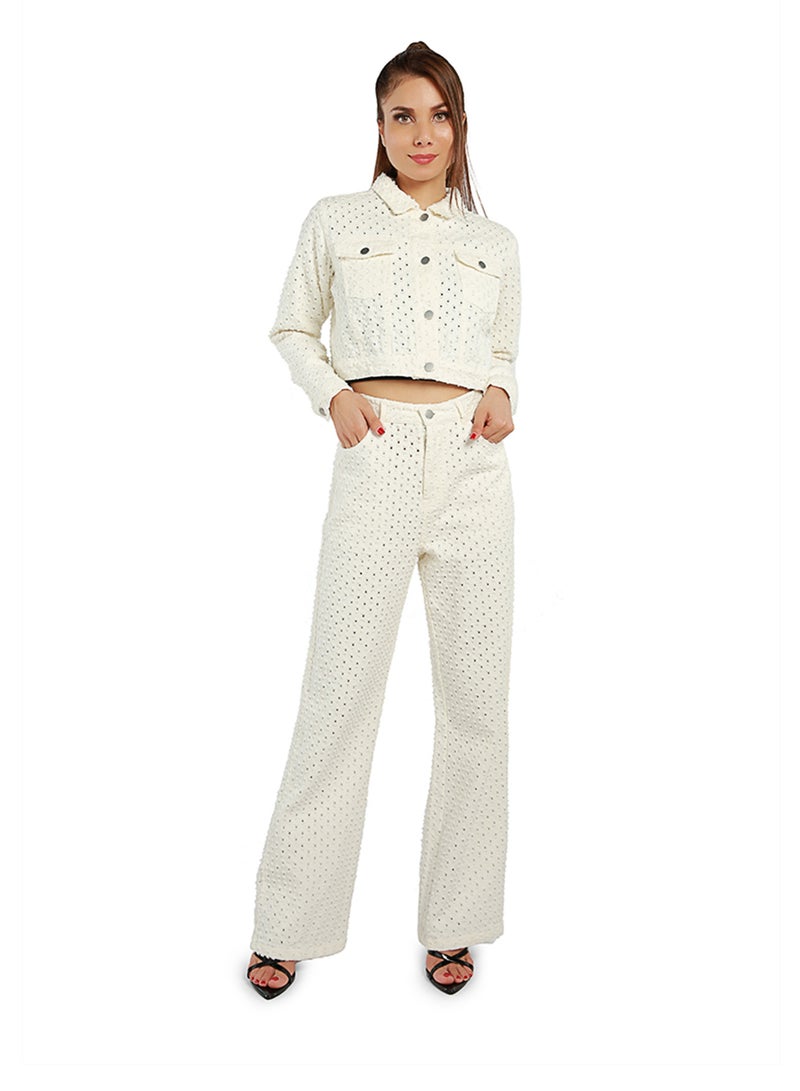 لندن راج جاكيت قصير من قماش دوبي أبيض سادة الملمس - Image 4