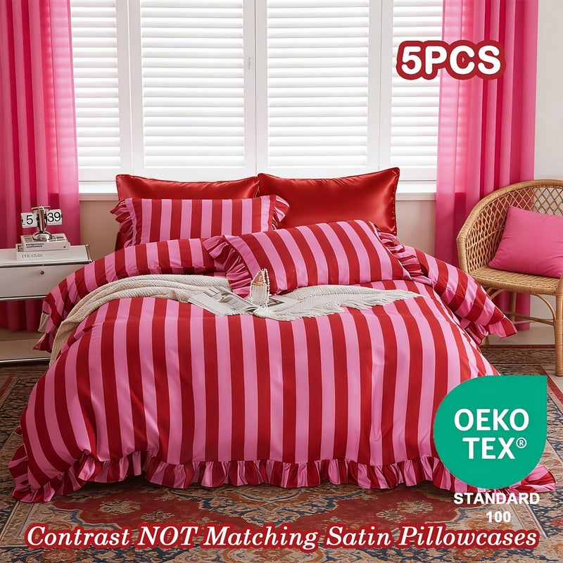 5pcs Striped Pattern Bedding, Includes 1 Duvet Cover + 4 Pillowcases (No Inserts), Ruffled Washed Fiber Duvet Cover and Pillowcases, Essential for Exquisite Home Decor, Mother's Day Birthday Gift Set - Image 1