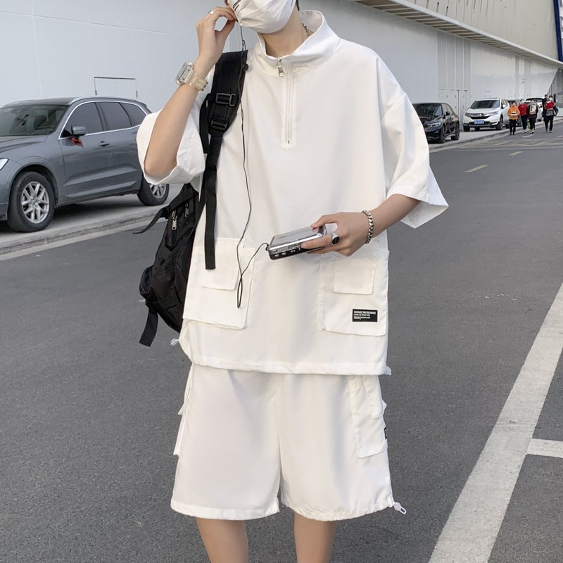 Trendy Couple Clothing Short-sleeved Zipper T-shirt suit Ripper Handsome Mens Spring and Summer Instagram Popular Brand Loose Tooling Clothes white