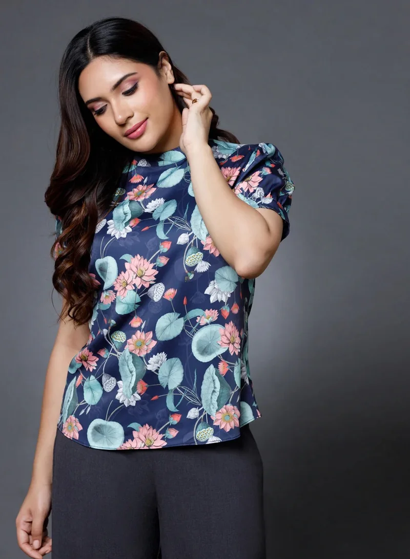 Zigzag Blue Printed Sleeve High Neck Top