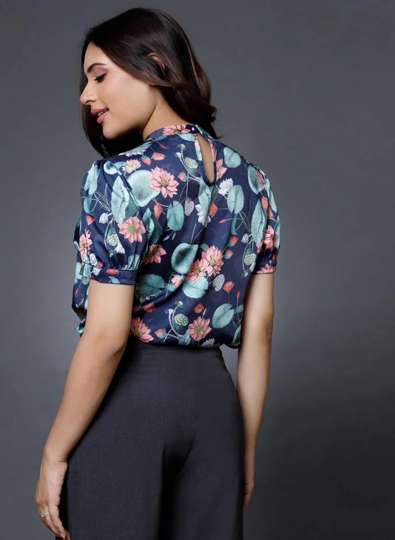 Zigzag Blue Printed Sleeve High Neck Top