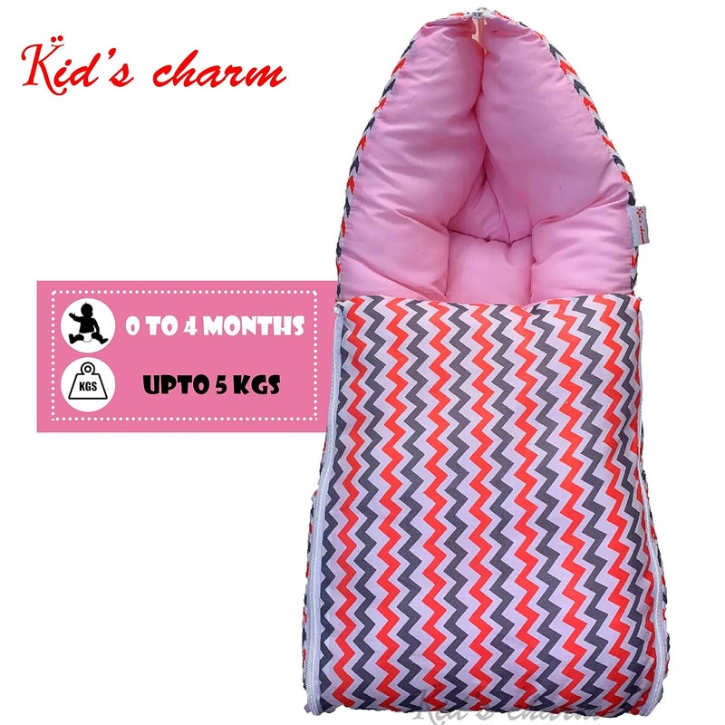 Kid's Charm Kids Charm MiniZigzag 3 in 1 Babys Cotton Bed Cum Carry Bed Printed Baby Sleeping BagBaby BedInfant Portable for Unisex Easily Portable Light Weight to Carry for New Born 04 Months Old Pink - Image 4