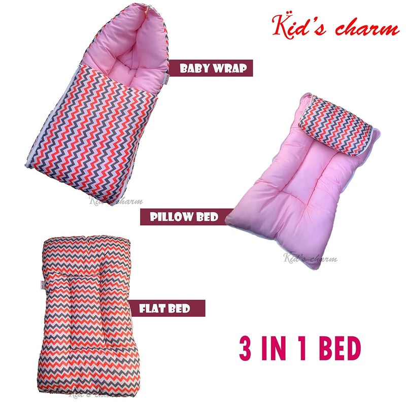Kid's Charm Kids Charm MiniZigzag 3 in 1 Babys Cotton Bed Cum Carry Bed Printed Baby Sleeping BagBaby BedInfant Portable for Unisex Easily Portable Light Weight to Carry for New Born 04 Months Old Pink - Image 3