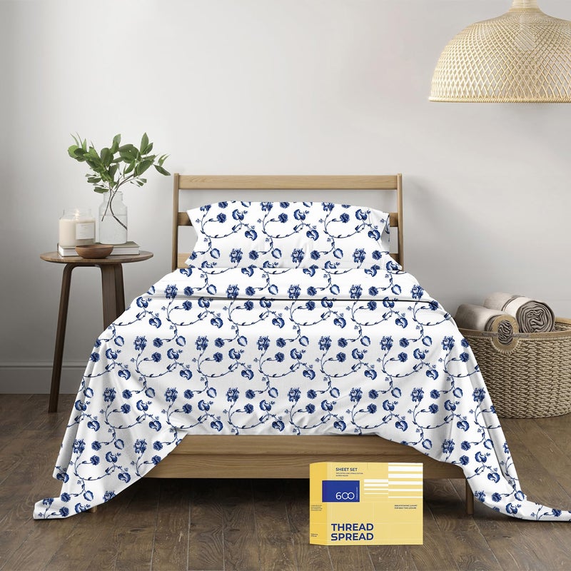 THREAD SPREAD 100% Cotton Printed Bed Sheets - 600 TC 4 Pc Floral Blue Queen Printed Sheet Set - Hotel Luxury Sateen Weave Bedsheets - Deep Pockets - Soft, Breathable & Cooling Sheets for Queen Bed - Image 1
