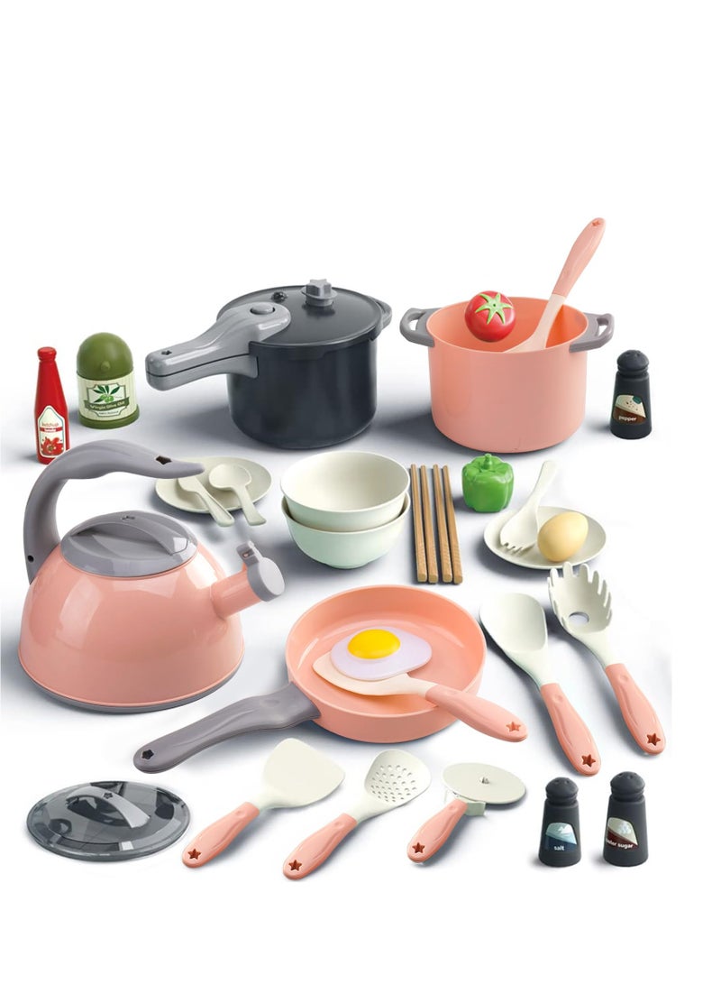 Excefore Toddler Pretend Cooking Playset, Play Kitchen Toys Set with Pans, Utensils, Cookware, Canned Vegetables, Suitable for Gift for Girls Boys (Pink, 32Pcs ) - Image 1