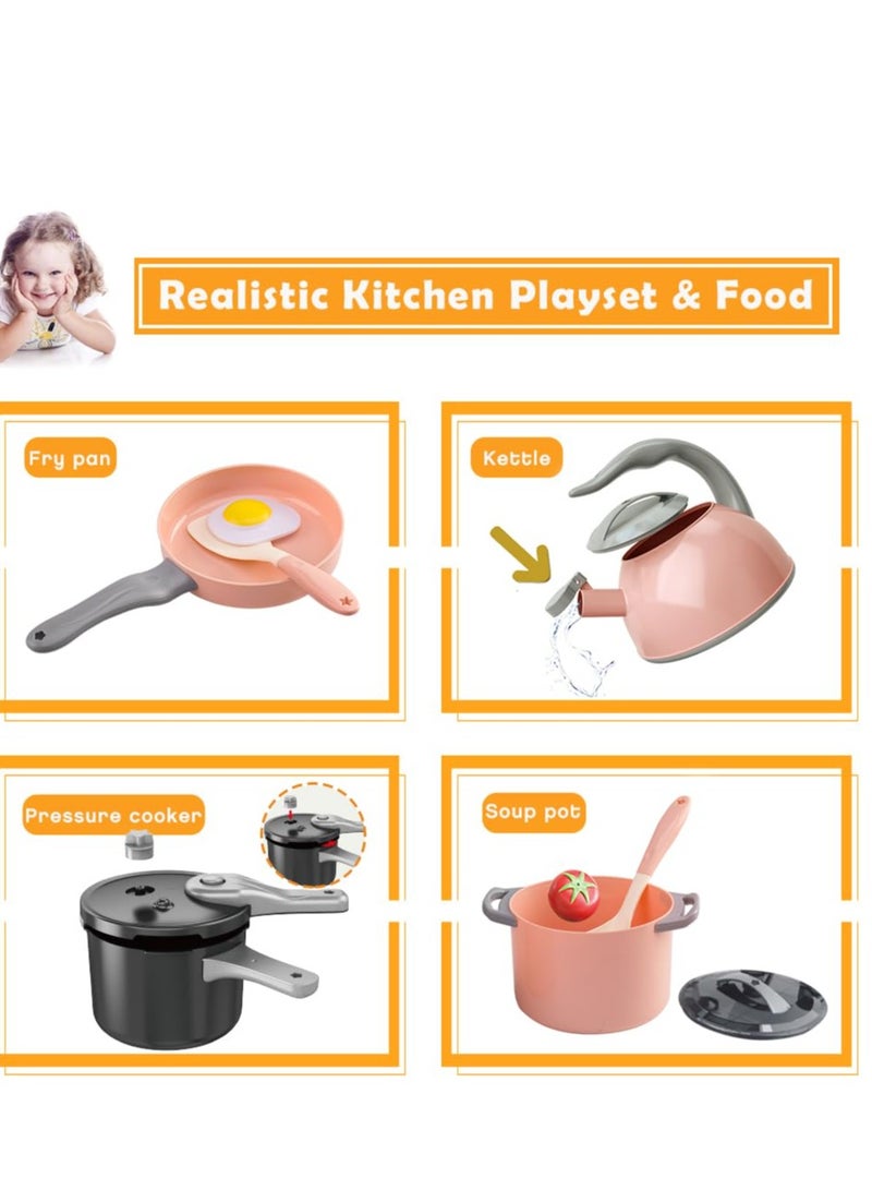 Excefore Toddler Pretend Cooking Playset, Play Kitchen Toys Set with Pans, Utensils, Cookware, Canned Vegetables, Suitable for Gift for Girls Boys (Pink, 32Pcs ) - Image 4
