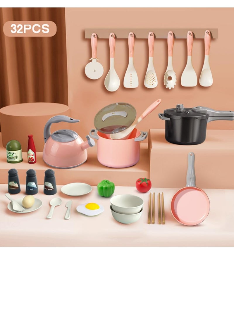 Excefore Toddler Pretend Cooking Playset, Play Kitchen Toys Set with Pans, Utensils, Cookware, Canned Vegetables, Suitable for Gift for Girls Boys (Pink, 32Pcs ) - Image 2