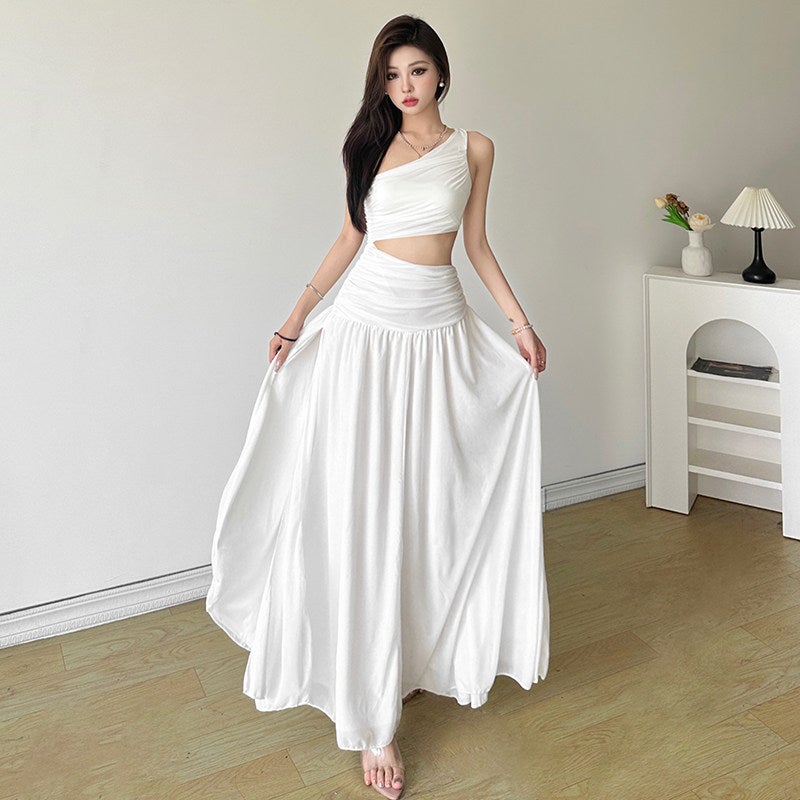 Weird girl, French cool mesh one-shoulder long-sleeved dress, hollowed-out waist-revealing fishtail skirt - Image 3