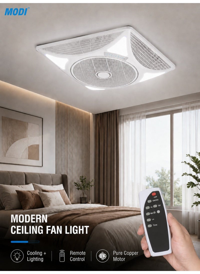 MODI 90W Square Ceiling Fan Light 14 Inch with LED, 60x60cm Ceiling Fan, Remote Control, 3 Speed, 360° Air Supply, Pure Copper Motor, Quiet Cooling Lighting for Bedroom Office, White - Image 1