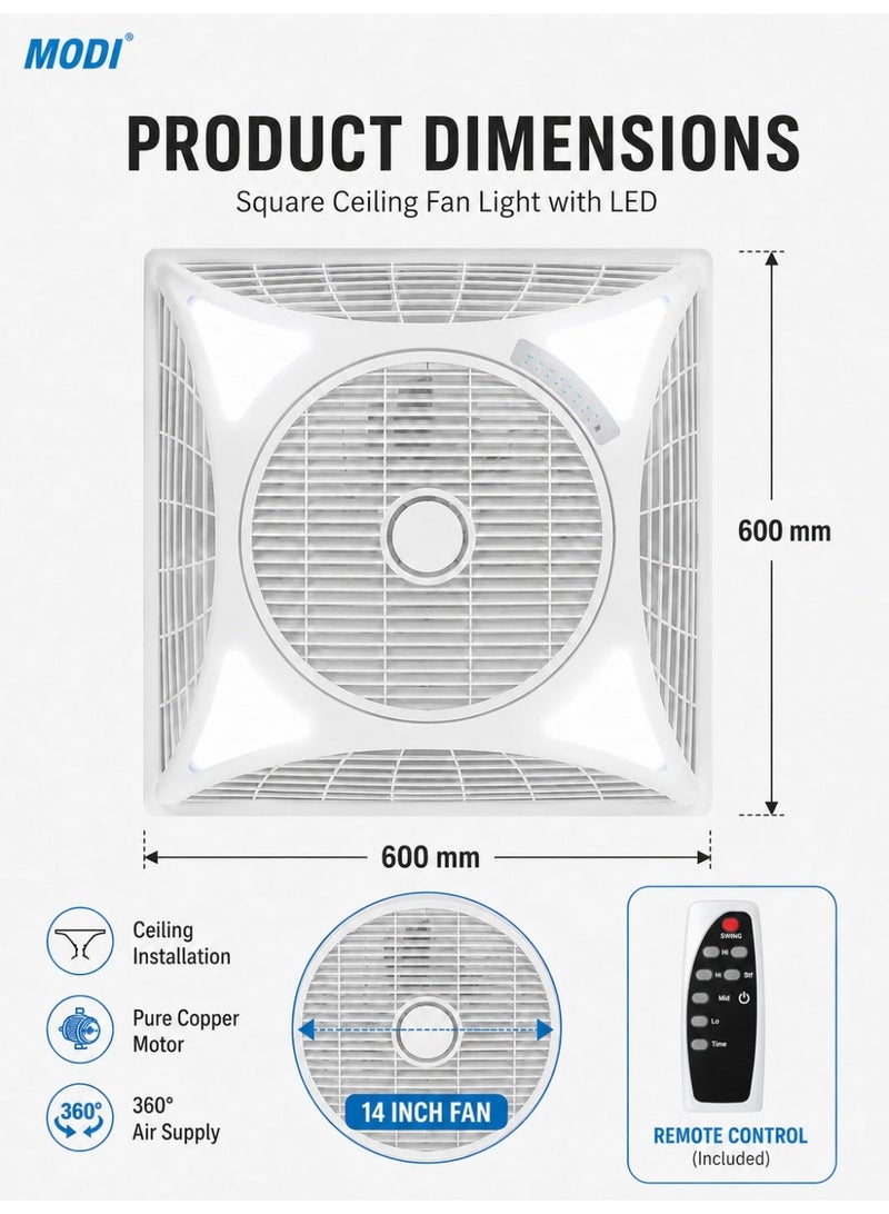 MODI 90W Square Ceiling Fan Light 14 Inch with LED, 60x60cm Ceiling Fan, Remote Control, 3 Speed, 360° Air Supply, Pure Copper Motor, Quiet Cooling Lighting for Bedroom Office, White - Image 2