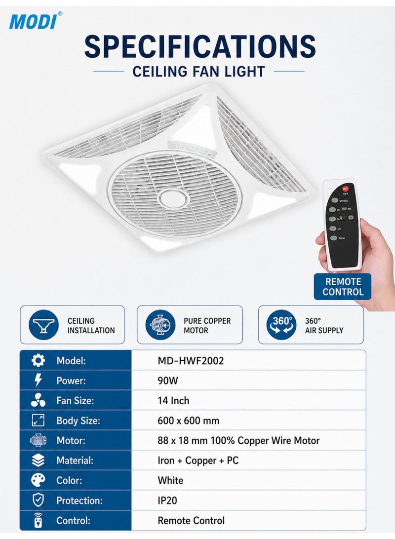 MODI 90W Square Ceiling Fan Light 14 Inch with LED, 60x60cm Ceiling Fan, Remote Control, 3 Speed, 360° Air Supply, Pure Copper Motor, Quiet Cooling Lighting for Bedroom Office, White - Image 4