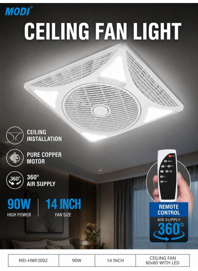 MODI 90W Square Ceiling Fan Light 14 Inch with LED, 60x60cm Ceiling Fan, Remote Control, 3 Speed, 360° Air Supply, Pure Copper Motor, Quiet Cooling Lighting for Bedroom Office, White - Image 3