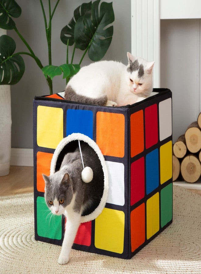 LUCKITTY بيت قطط لاكيتي مع وسائد قابلة للعكس وكرة معلقة ناعمة، مكعب سحري قابل للطي للقطط، سرير كهف كبير للقطط المنزلية، شكل أحجية فريد - Image 3