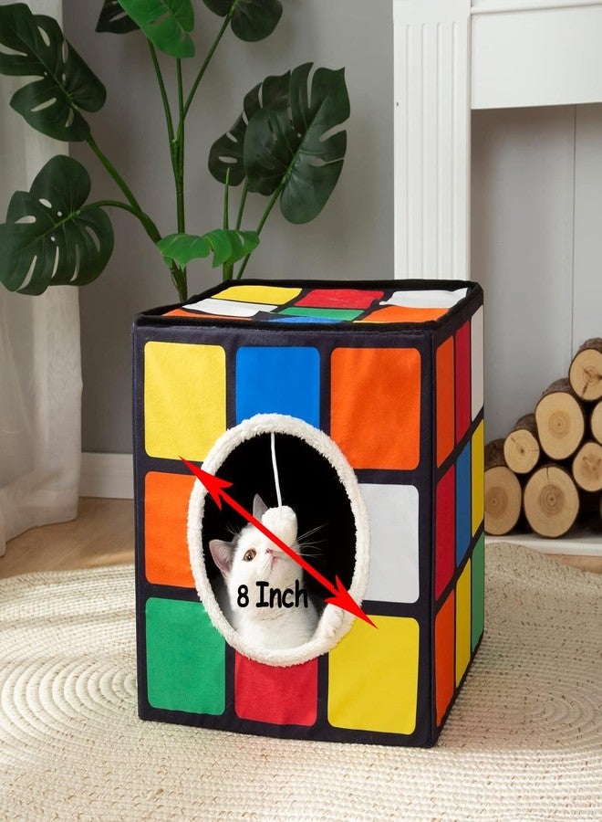 LUCKITTY بيت قطط لاكيتي مع وسائد قابلة للعكس وكرة معلقة ناعمة، مكعب سحري قابل للطي للقطط، سرير كهف كبير للقطط المنزلية، شكل أحجية فريد - Image 4