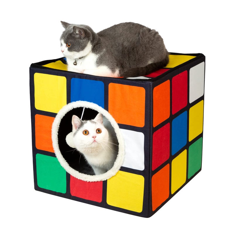 LUCKITTY بيت قطط لاكيتي مع وسائد قابلة للعكس وكرة معلقة ناعمة، مكعب سحري قابل للطي للقطط، سرير كهف كبير للقطط المنزلية، شكل أحجية فريد - Image 1