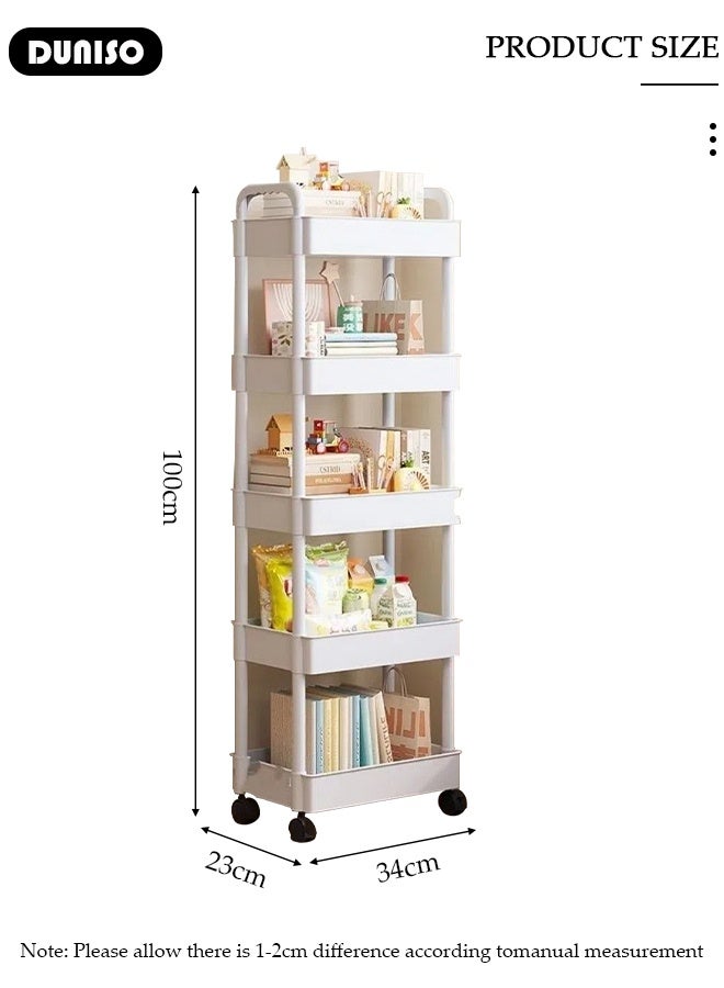 DUNISO 5 Tier Rolling Utility Cart Multifunctional Storage Organizer with Wheels Plastic Storage Cart Multipurpose Storage Rack for Bathroom Kitchen Laundry Bedroom Office(White)  - Image 2