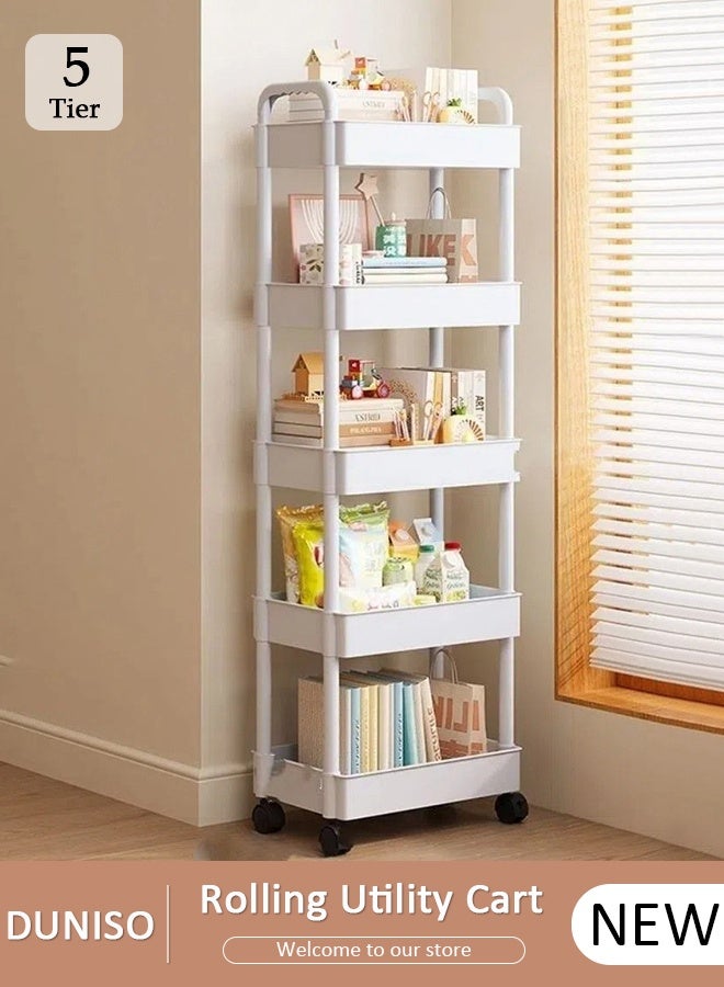 DUNISO 5 Tier Rolling Utility Cart Multifunctional Storage Organizer with Wheels Plastic Storage Cart Multipurpose Storage Rack for Bathroom Kitchen Laundry Bedroom Office(White) - Image 1