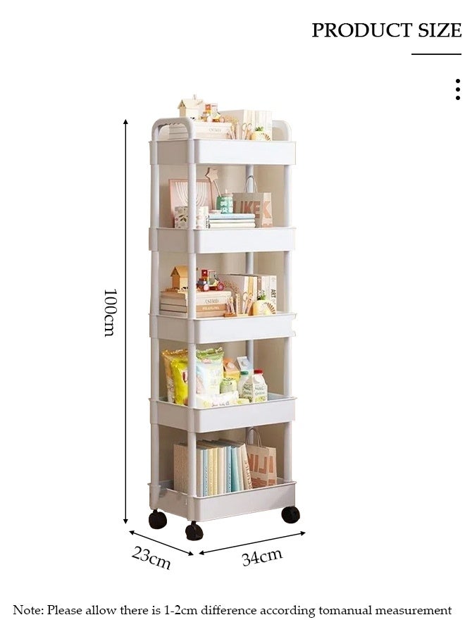 DUNISO 5 Tier Rolling Utility Cart Multifunctional Storage Organizer with Wheels Plastic Storage Cart Multipurpose Storage Rack for Bathroom Kitchen Laundry Bedroom Office(White) - Image 2
