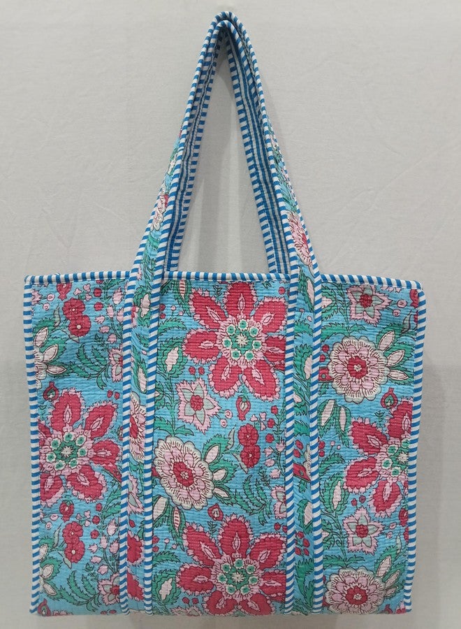 CRAFT KALA Women Handblock Floral Quilted Lightweight Travel Top Zipper Bag Purse Cotton Shoulder Tote Bag & Beach Bag, Tale & Green, One Size - Image 3