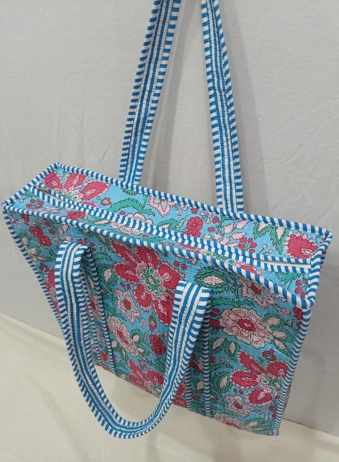 CRAFT KALA Women Handblock Floral Quilted Lightweight Travel Top Zipper Bag Purse Cotton Shoulder Tote Bag & Beach Bag, Tale & Green, One Size - Image 5