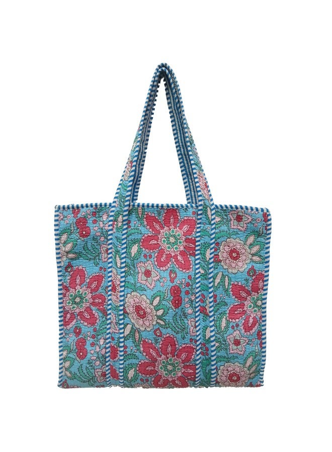 CRAFT KALA Women Handblock Floral Quilted Lightweight Travel Top Zipper Bag Purse Cotton Shoulder Tote Bag & Beach Bag, Tale & Green, One Size - Image 1