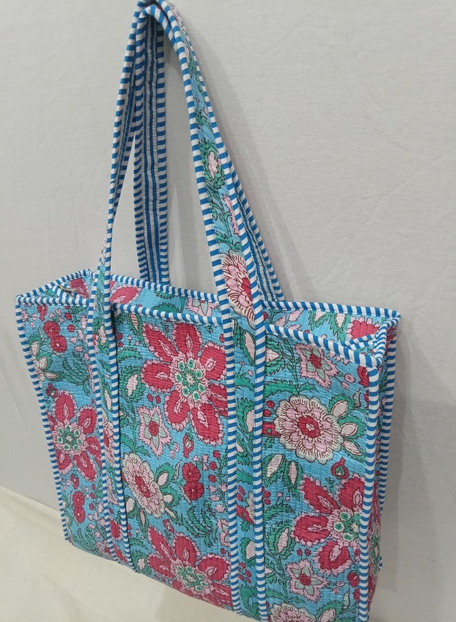 CRAFT KALA Women Handblock Floral Quilted Lightweight Travel Top Zipper Bag Purse Cotton Shoulder Tote Bag & Beach Bag, Tale & Green, One Size - Image 4
