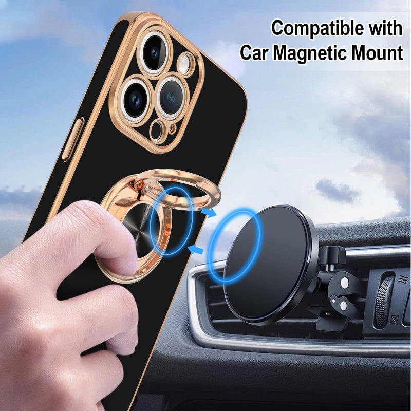Hython for iPhone 15 Pro Case with Ring Stand, 360Â° Rotatable Ring Holder Magnetic Kickstand, Plating Rose Gold Edge Soft Cover Luxury Protective Phone Case for iPhone 15 Pro 6.1"â€‹, Black - Image 5