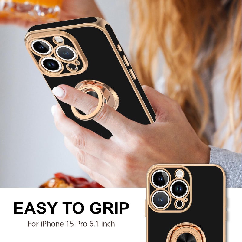 Hython for iPhone 15 Pro Case with Ring Stand, 360Â° Rotatable Ring Holder Magnetic Kickstand, Plating Rose Gold Edge Soft Cover Luxury Protective Phone Case for iPhone 15 Pro 6.1"â€‹, Black - Image 2