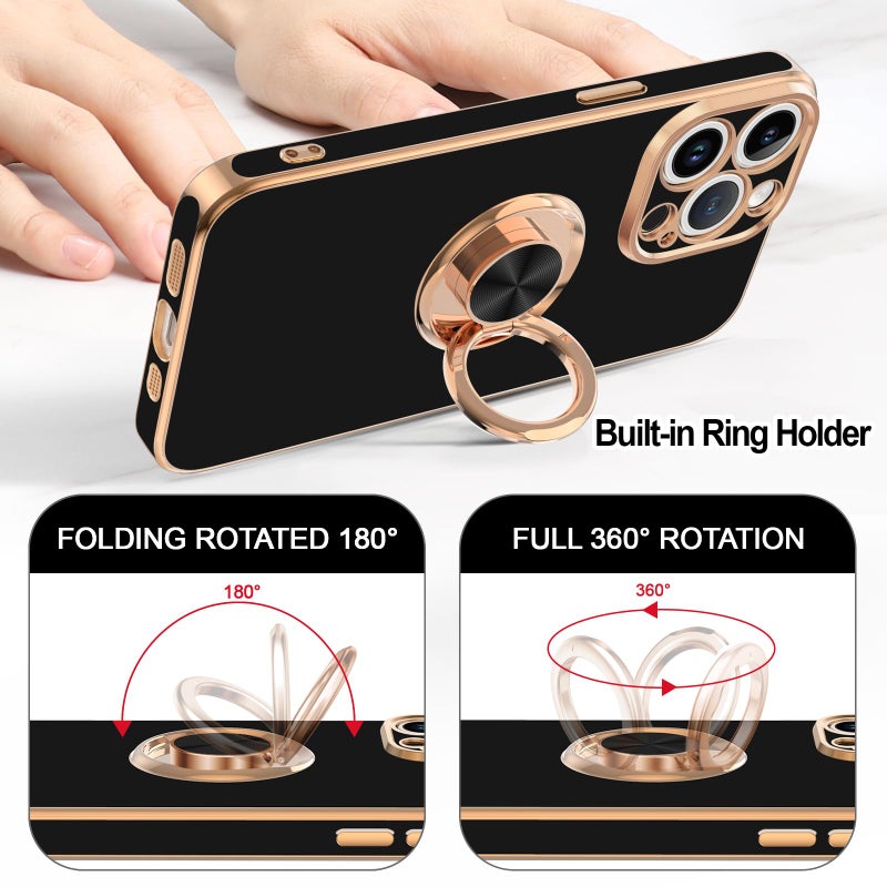 Hython for iPhone 15 Pro Case with Ring Stand, 360Â° Rotatable Ring Holder Magnetic Kickstand, Plating Rose Gold Edge Soft Cover Luxury Protective Phone Case for iPhone 15 Pro 6.1"â€‹, Black - Image 4