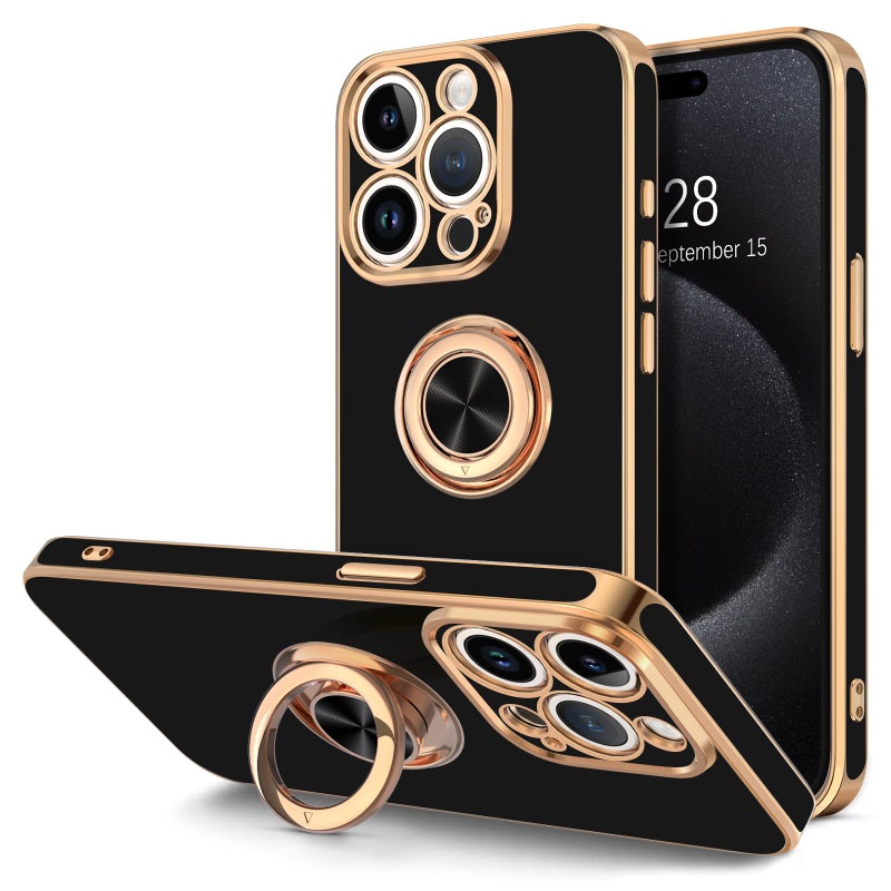 Hython for iPhone 15 Pro Case with Ring Stand, 360Â° Rotatable Ring Holder Magnetic Kickstand, Plating Rose Gold Edge Soft Cover Luxury Protective Phone Case for iPhone 15 Pro 6.1"â€‹, Black - Image 1