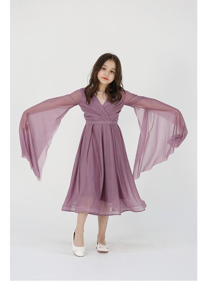 مودرن ديزاين فستان بناتي لمعة انيق بأكمام طويلة واسعة الصدر لف على قصة واسعة - Image 1