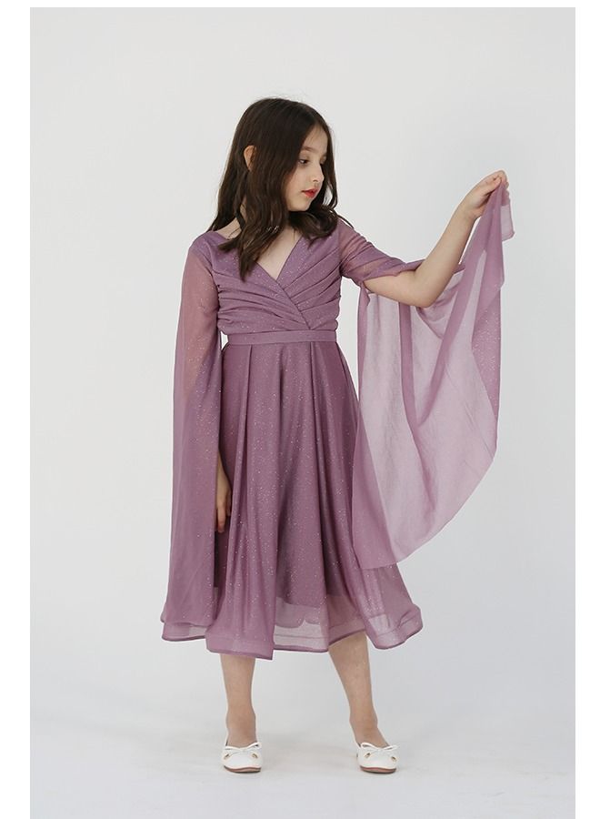 مودرن ديزاين فستان بناتي لمعة انيق بأكمام طويلة واسعة الصدر لف على قصة واسعة - Image 3