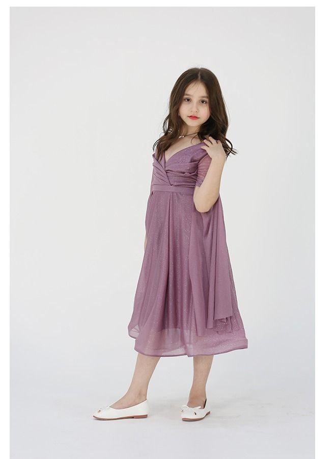 مودرن ديزاين فستان بناتي لمعة انيق بأكمام طويلة واسعة الصدر لف على قصة واسعة - Image 2