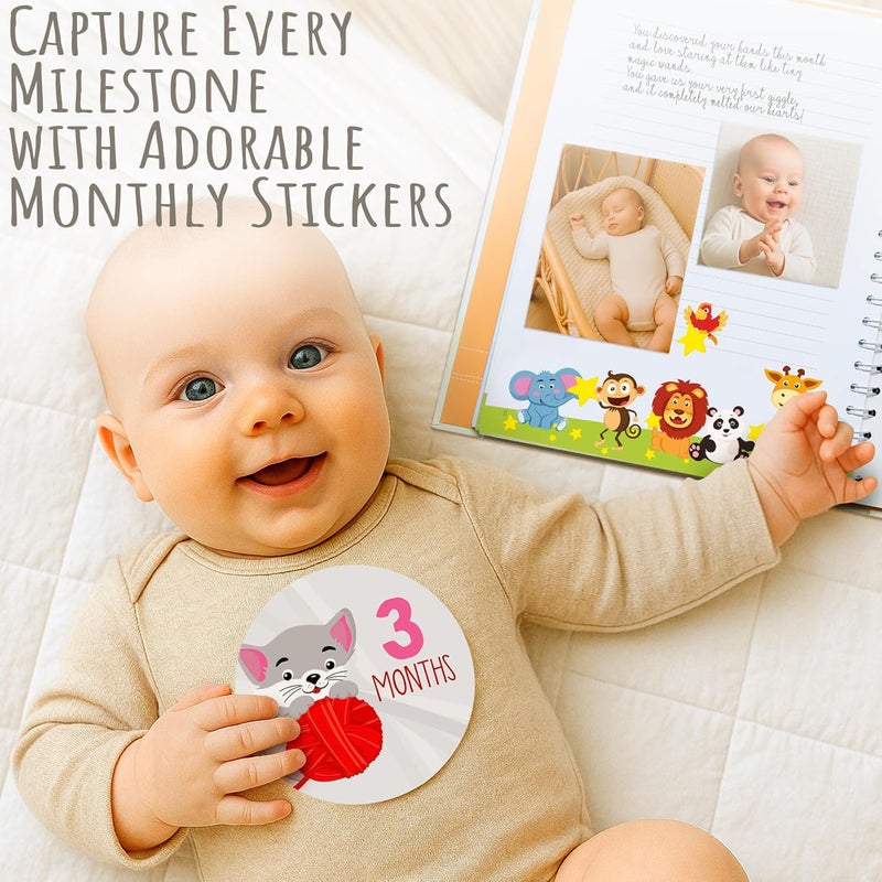 KiddosArt كتاب ذكريات الأطفال من كيدوز آرت - دفتر تذكاري ألبوم صور لتوثيق ذكريات طفلك أو طفلتك ومعالم السنوات الخمس الأولى على 72 صفحة جميلة مع 12 ملصق شهري - Image 4