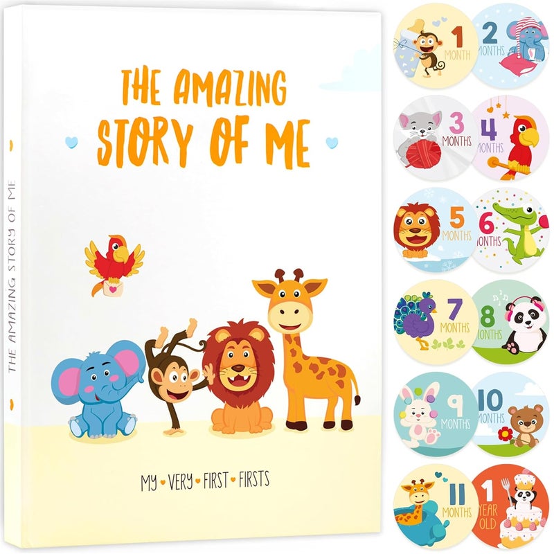 KiddosArt كتاب ذكريات الأطفال من كيدوز آرت - دفتر تذكاري ألبوم صور لتوثيق ذكريات طفلك أو طفلتك ومعالم السنوات الخمس الأولى على 72 صفحة جميلة مع 12 ملصق شهري - Image 1