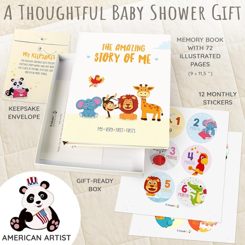 KiddosArt كتاب ذكريات الأطفال من كيدوز آرت - دفتر تذكاري ألبوم صور لتوثيق ذكريات طفلك أو طفلتك ومعالم السنوات الخمس الأولى على 72 صفحة جميلة مع 12 ملصق شهري - Image 2