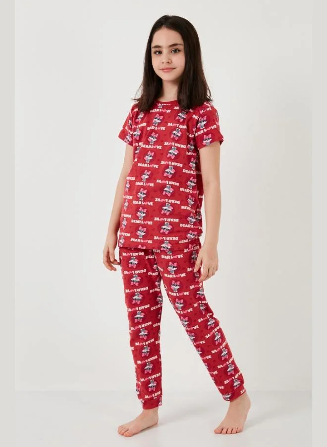 ليلا طقم بيجامة قطن % برقبة دائرية وأكمام قصيرة للبنات